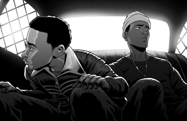 Black-and-white graphic novel illustration of two young men seated in the back of a police vehicle, looking away